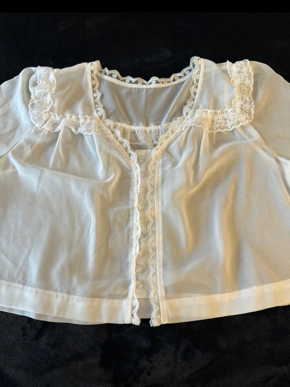 Vintage Style Sheer White Lace Trim Button Down Crop Blouse Small - Picture 5 of 7